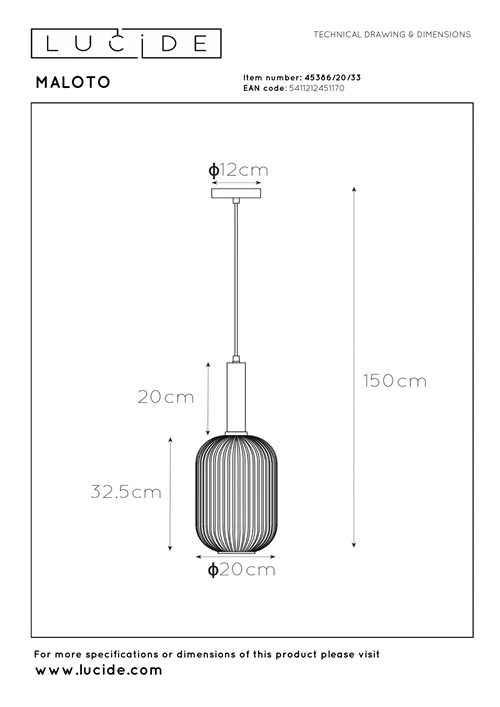 Lucide MALOTO - Hanglamp - Ø 20 cm - 1xE27 - Groen - technisch